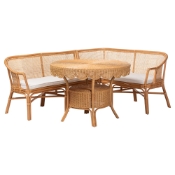 bali & pari Ceona 3-Piece Natural Rattan Dining Nook Set - L-Shaped Banquette Seating with Cushions and Pedestal Table, Boho Coastal Style Dining